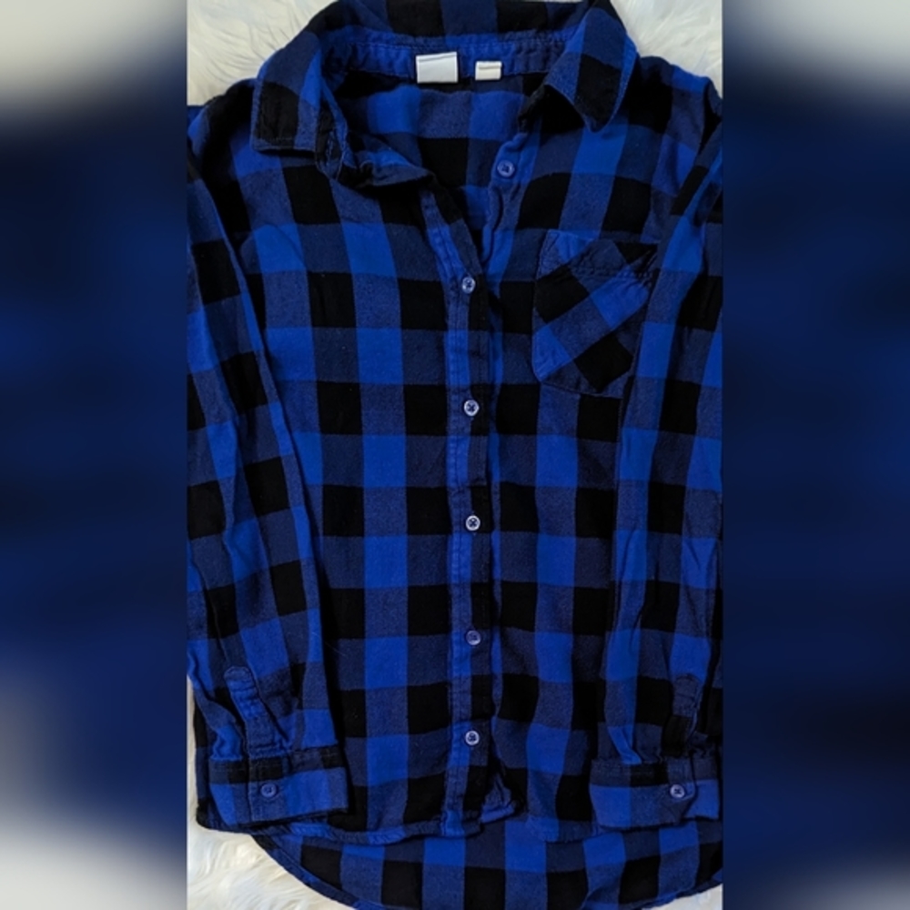 EUC Gap Kids royal blue/black plaid collared button down long sleeve button cuff